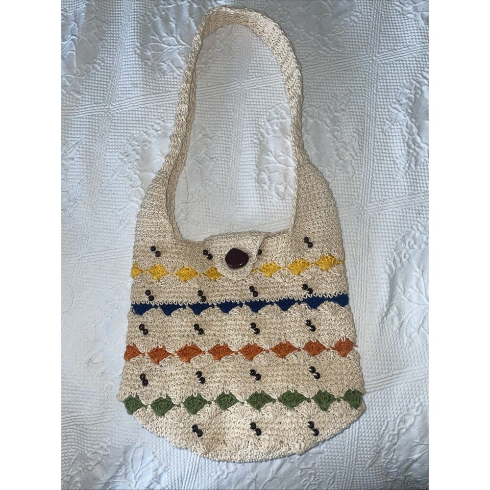 Vintage Crochet Weaved Shoulder Purse Tote Bag Beach Flea Market Boho Beaded